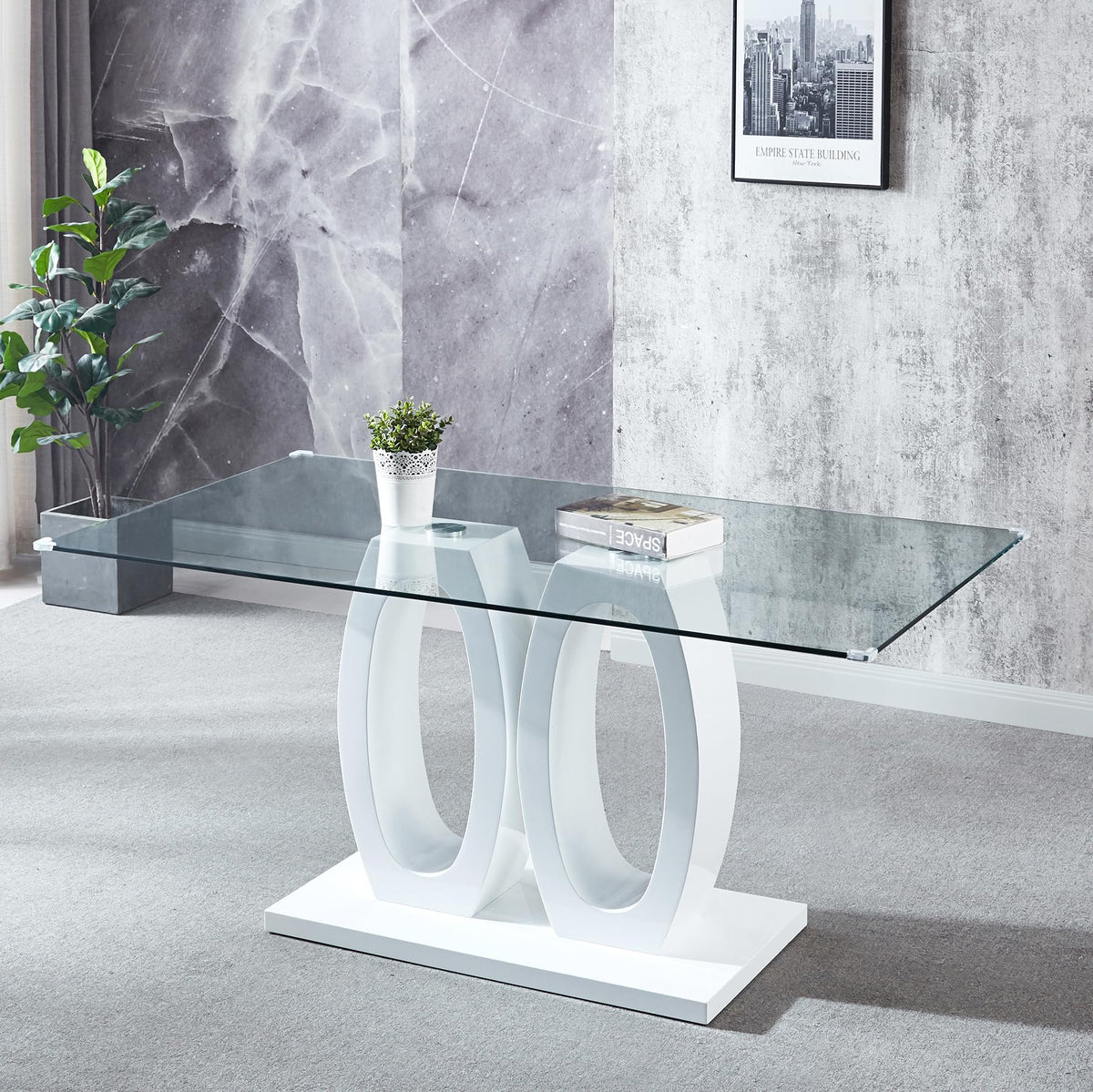 Yoluckea Contemporary Glass Dining Table Rectangle Dining Room Table For 6 With Tempered Glass Top, Wihte High-Gloss Finish Wood Base, Home Office Kitchen Dining Room Table Furniture