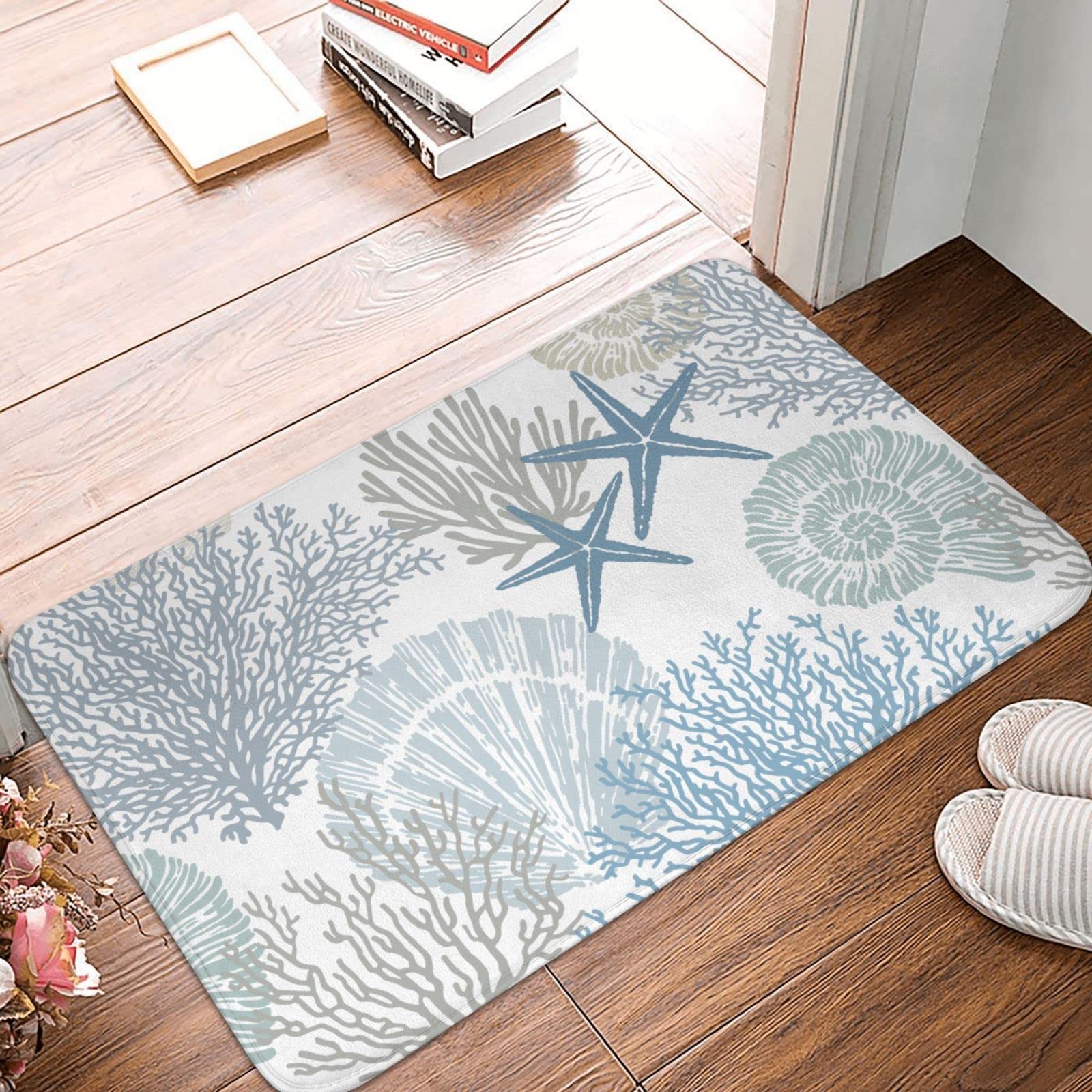 Coastal Beach Bath Mats for Bathroom Decor, Seashells Starfish Absorbent Bath Rug Non-Slip Floor Rug Carpets for Kitchen Bathroo