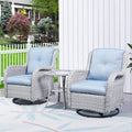 Hummuh 3-Piece Swivel Rocking Rattan Chair Outdoor,Patio Bistro Furniture Conversation Set,Wicker Chair With Glass Side Table(Light Grey,Light Blue)