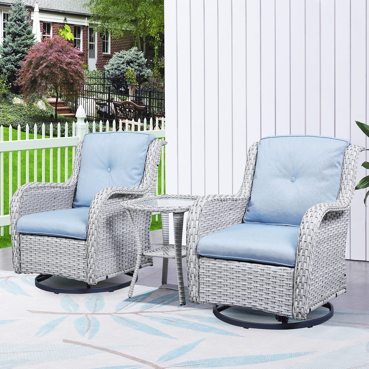Hummuh 3-Piece Swivel Rocking Rattan Chair Outdoor,Patio Bistro Furniture Conversation Set,Wicker Chair With Glass Side Table(Light Grey,Light Blue)
