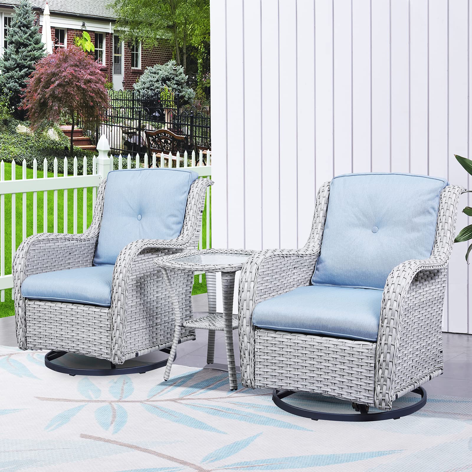 Hummuh 3-Piece Swivel Rocking Rattan Chair Outdoor,Patio Bistro Furniture Conversation Set,Wicker Chair With Glass Side Table(Light Grey,Light Blue)