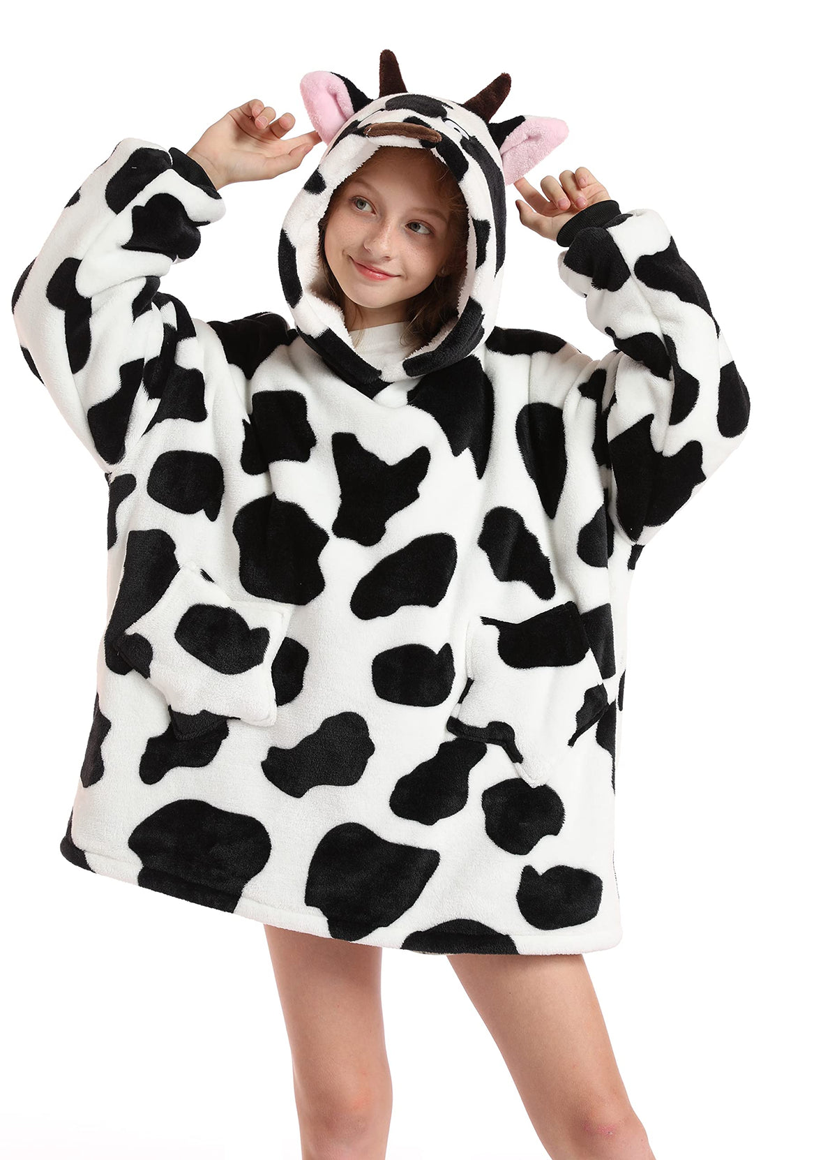 Szcmsm Hoodie Blanket For Kids Boys Girls Oversized Wearable Blanket Sweatshirt With Pockets,Cow
