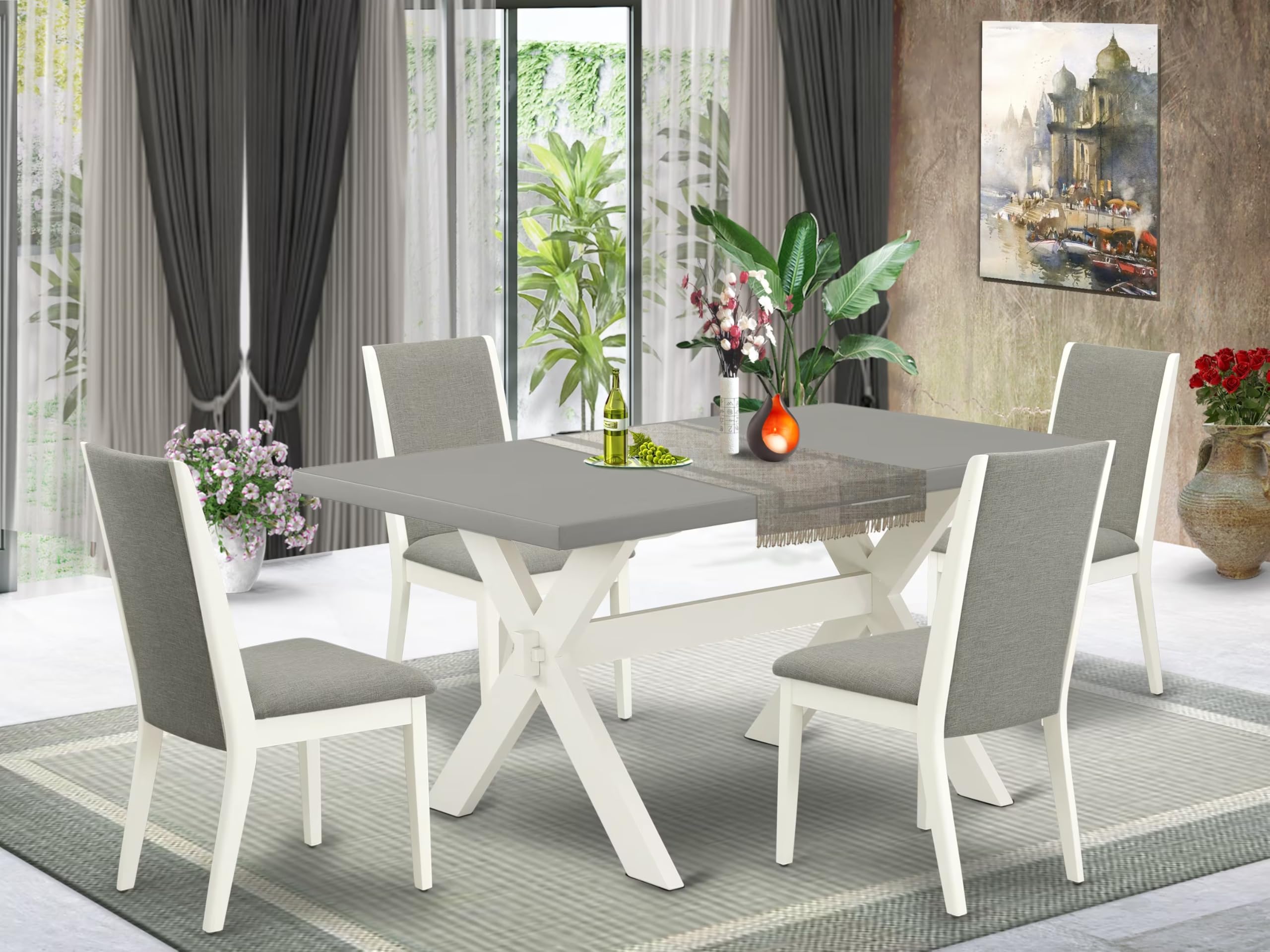 East West Furniture X096La206-5 5 Piece Dining Room Table Set Includes A Rectangle Kitchen Table With X-Legs And 4 Shitake Linen Fabric Parson Dining Chairs, 36X60 Inch, Multi-Color