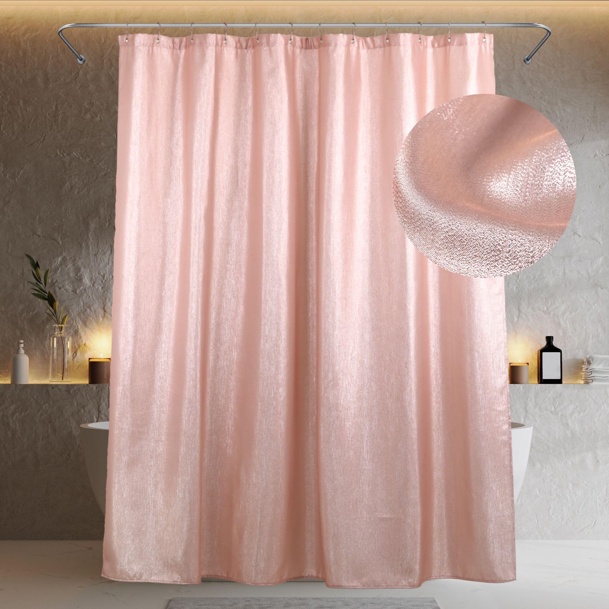 Popkozzi Blush Pink Shower Curtain: 84 Inch Glitter Sparkle Bling Shiny Extra Long Fabric Shower Curtains For Bathroom - Luxury