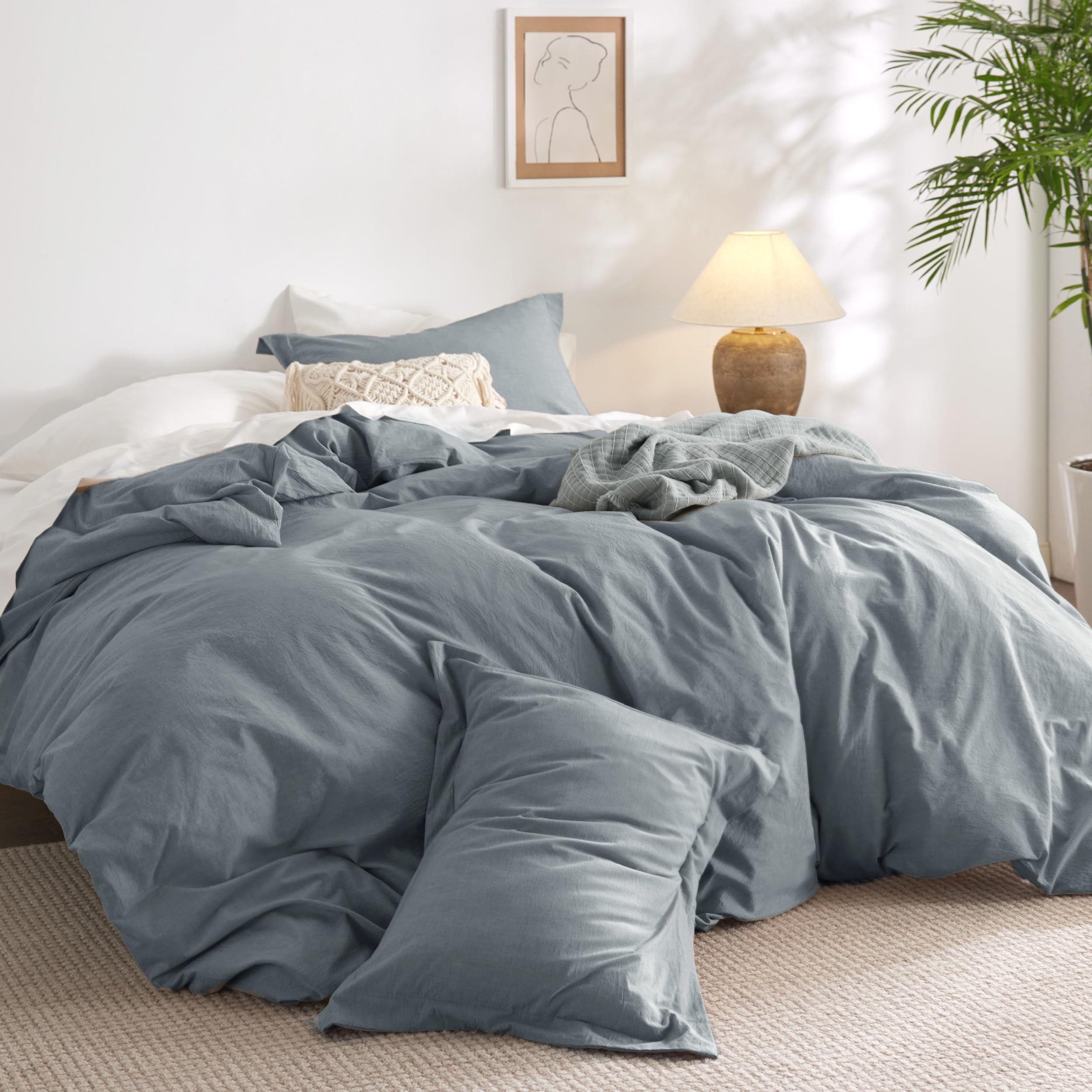 Bedsure 100% Washed Cotton Duvet Cover King Size - Grey Blue Minimalist Cotton Duvet Cover Linen Like - 3 Pieces Gentlesoft™ Plain Simple Bedding Set With 2 Pillow Shams (Grayish Blue, King, 104'X90')