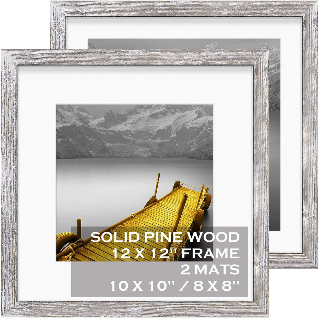 12x12 Picture Frames Wood Rustic Distressed White Display Pictures 10x10 or 8x8 with Mat or 12x12 without Mat - Each 12x12 Inch 