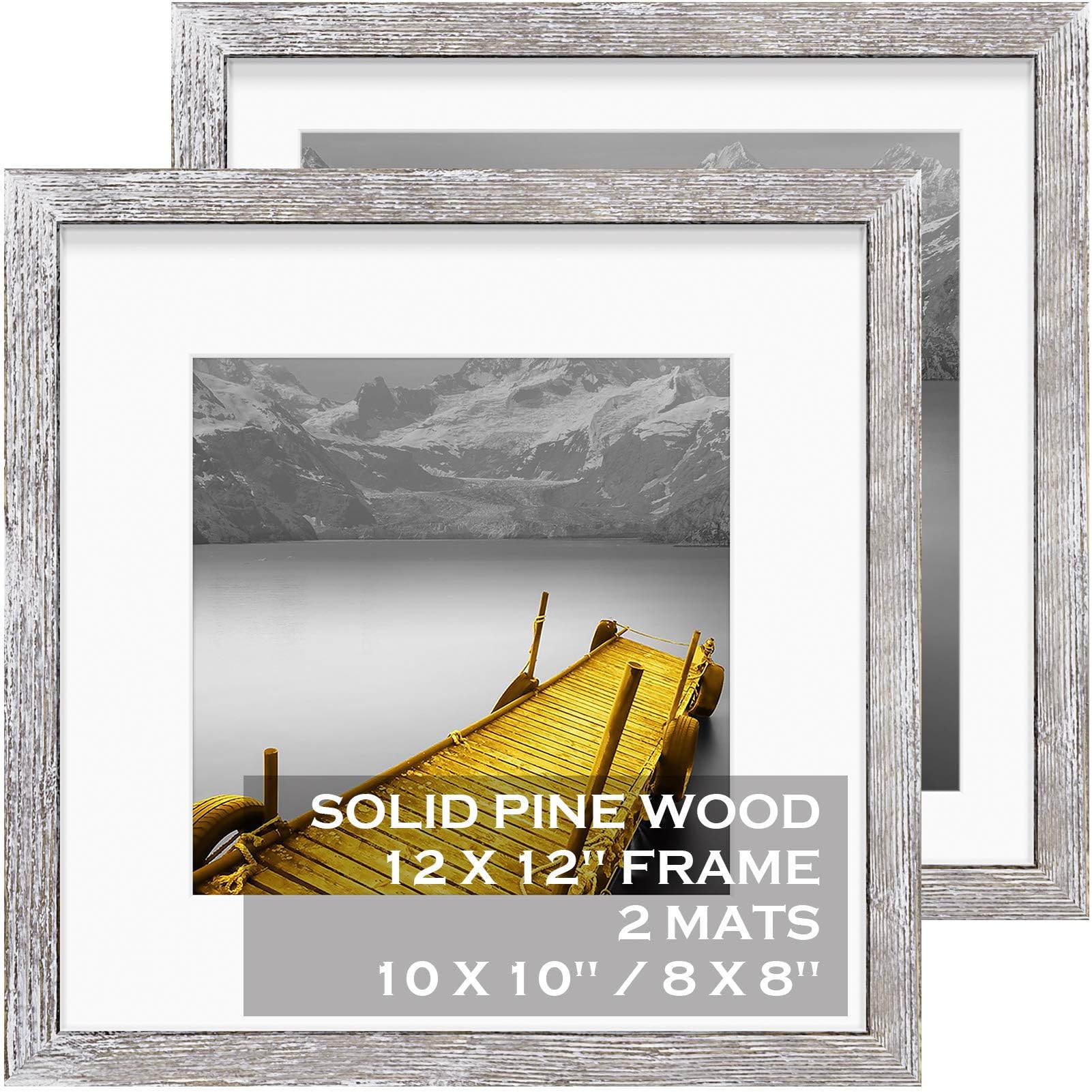 12x12 Picture Frames Wood Rustic Distressed White Display Pictures 10x10 or 8x8 with Mat or 12x12 without Mat - Each 12x12 Inch 