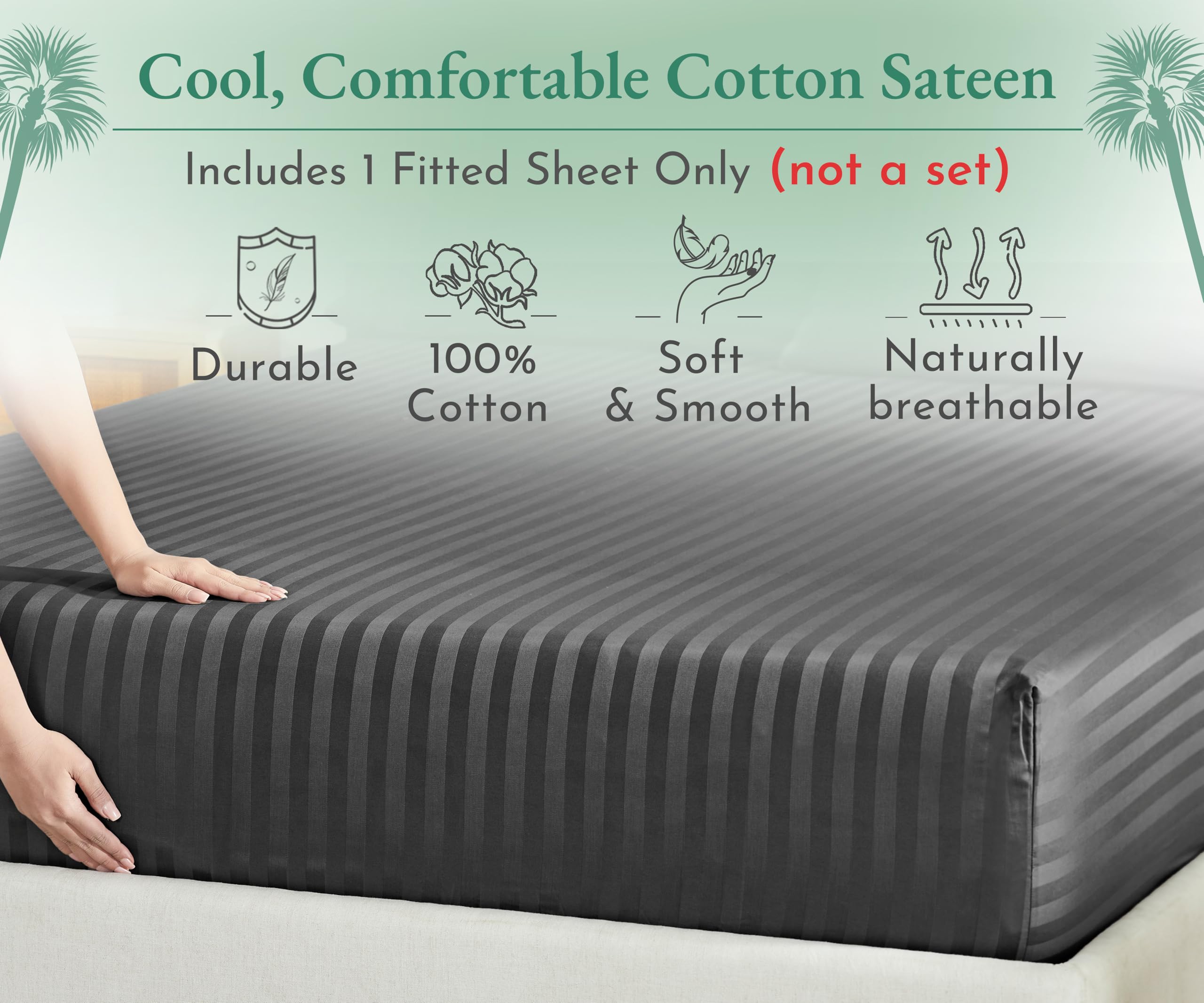California Design Den Luxury Cotton Sateen Damask Stripe Queen Fitted Sheet Only - Soft 100% Cotton Sateen, Deep Pocket Bottom Fitted Sheet, Hotel Quality With A Foot Side Indicator - Grey