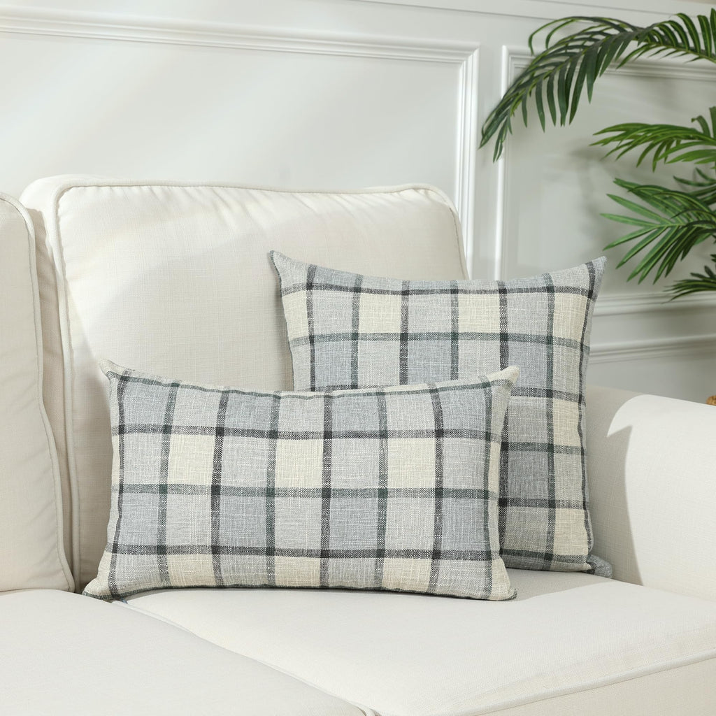 Stellhome Pack Of 2 Lumbar Linen Buffalo Check Throw Pillow Covers Farmhouse Plaid Cushion Cover Rustic Retro Decor For Bed Couc