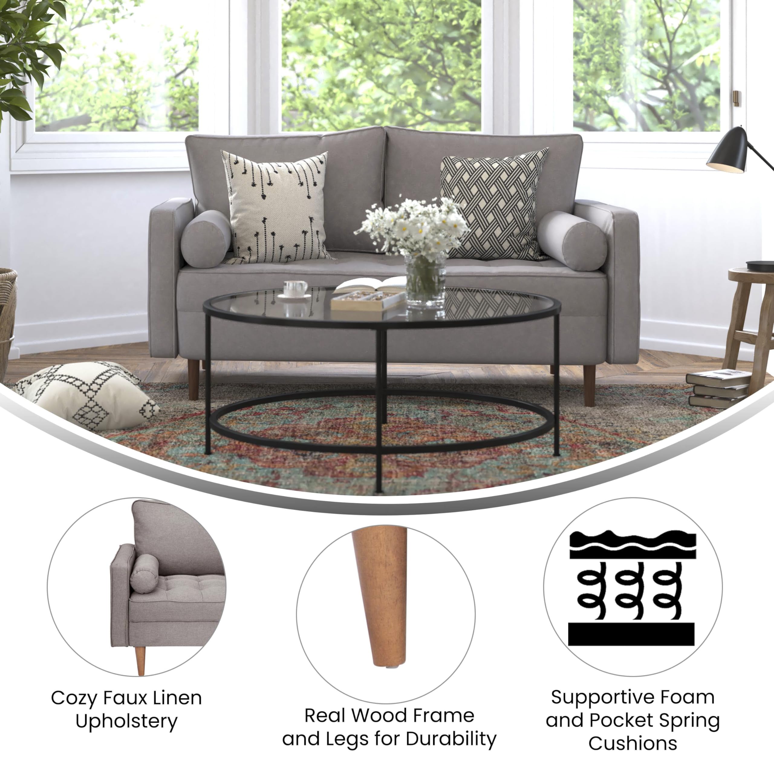 Flash Furniture Hudson Mid-Century Modern Loveseat - Slate Gray Faux Linen Upholstery - Buttonless Tufting - Wood Legs