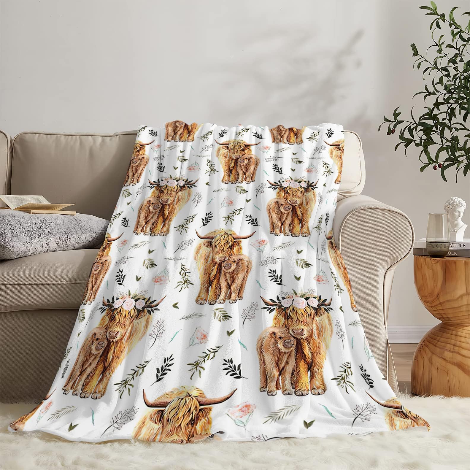 Highland Cow Print Blanket And Throws Cute Farm Animal Cow Gifts Throw Blankets Soft Cozy Fleece Plush Warm Flannel Bedding Blan
