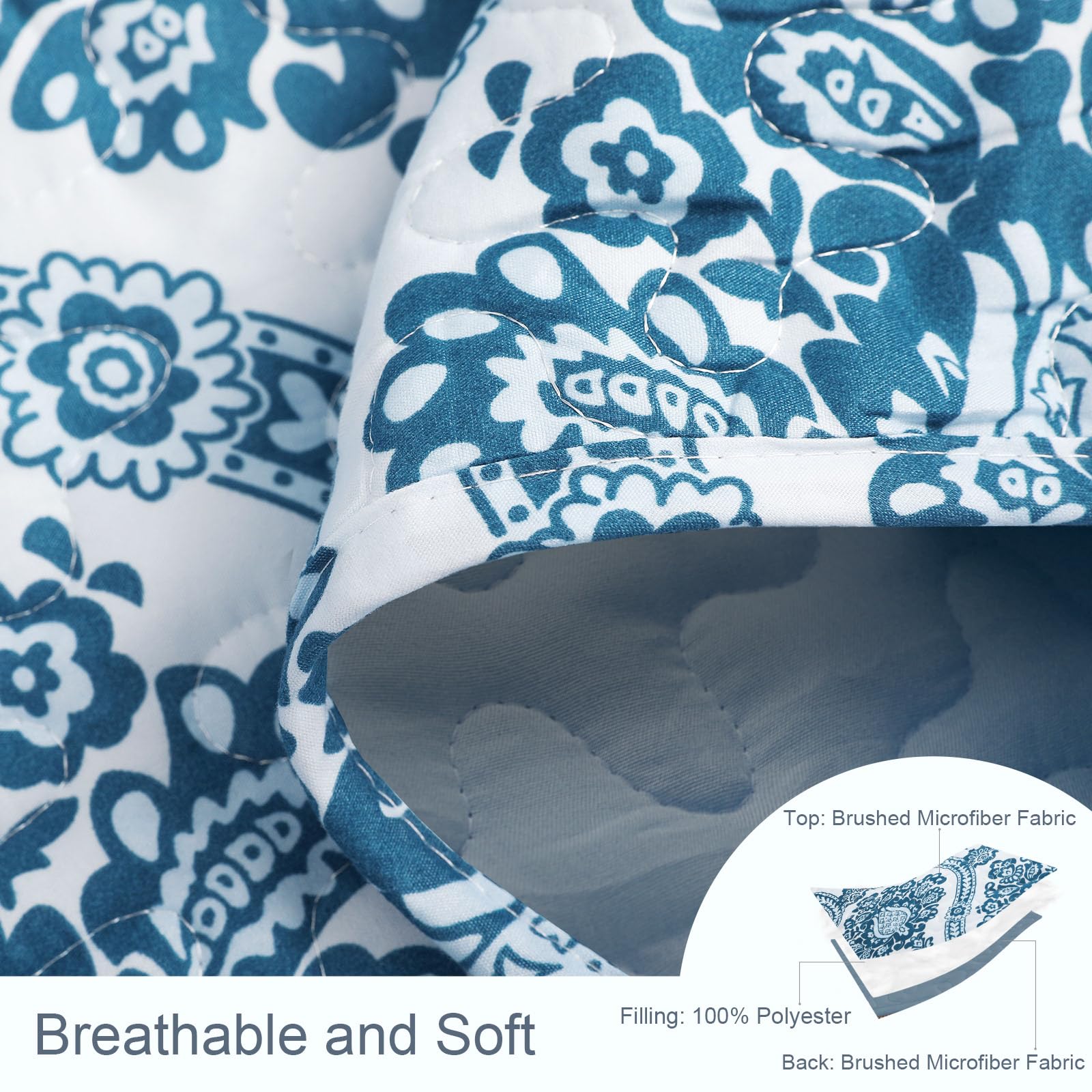 Exclusivo Mezcla Reversible Boho Quilt Set Queen Size, 3 Pieces Damask Blue All Season Bedspreads, Ultra Soft Floral Coverlet Be