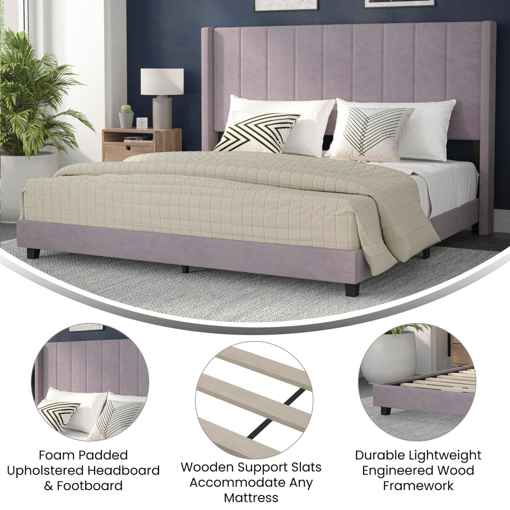 Flash Furniture Bianca Upholstered Platform Bed - Gray Velvet Upholstery - King - Wingback Headboard - Slatted Mattress Foundation - No Box Spring Needed