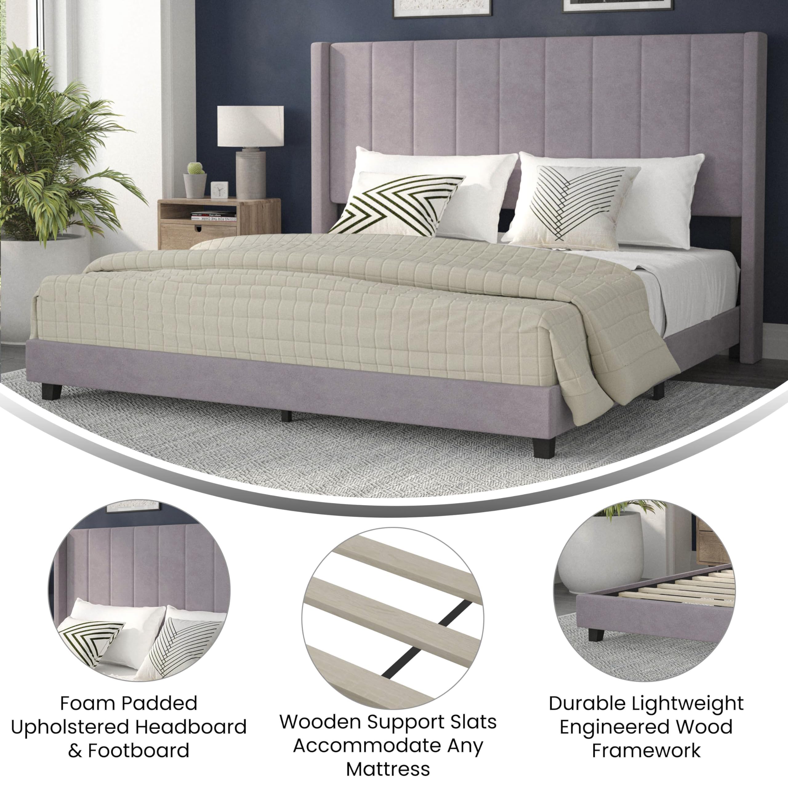 Flash Furniture Bianca Upholstered Platform Bed - Gray Velvet Upholstery - King - Wingback Headboard - Slatted Mattress Foundation - No Box Spring Needed