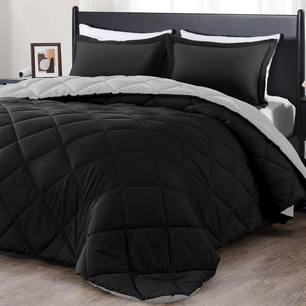 Downluxe Full Size Comforter Set - Black And Grey Full Comforter - Soft Bedding Sets For All Seasons -3- Piece Comforter Set Full With 2 Reversible Pillow Shams