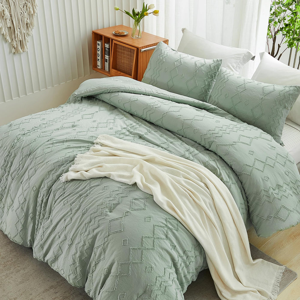Andency Sage Green Tufted Comforter Set Queen(90X90Inch), 3 Pieces(1 Tufts Comforter, 2 Pillowcases) Boho Textured Farmhouse Comforter, Microfiber Down Alternative Geometric Comforter Bedding Set