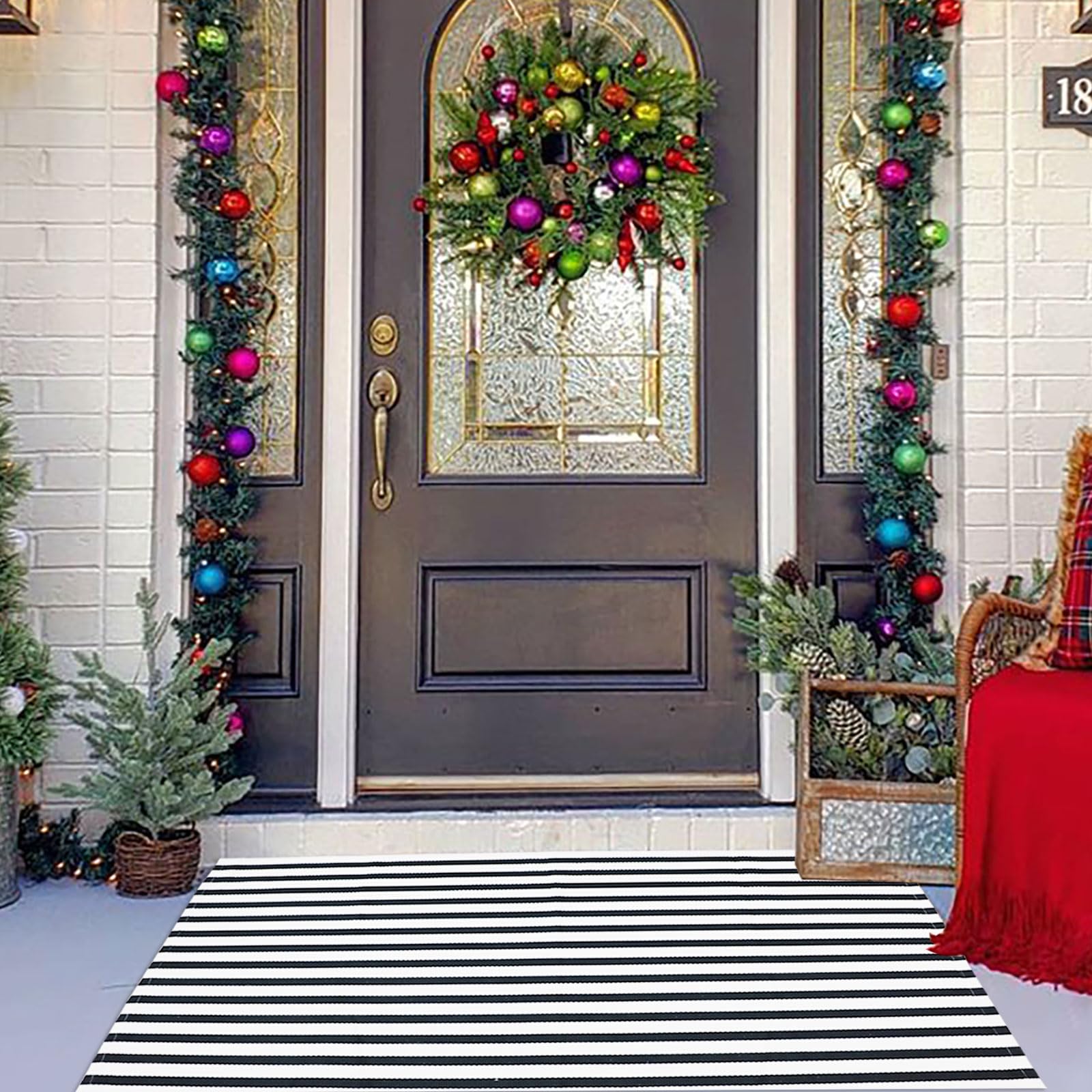 Black And White Striped Outdoor Rug Halloween Front Porch Rug Washable Farmhouse Fall Layered Door Mat Cotton Hand-Woven Welcome
