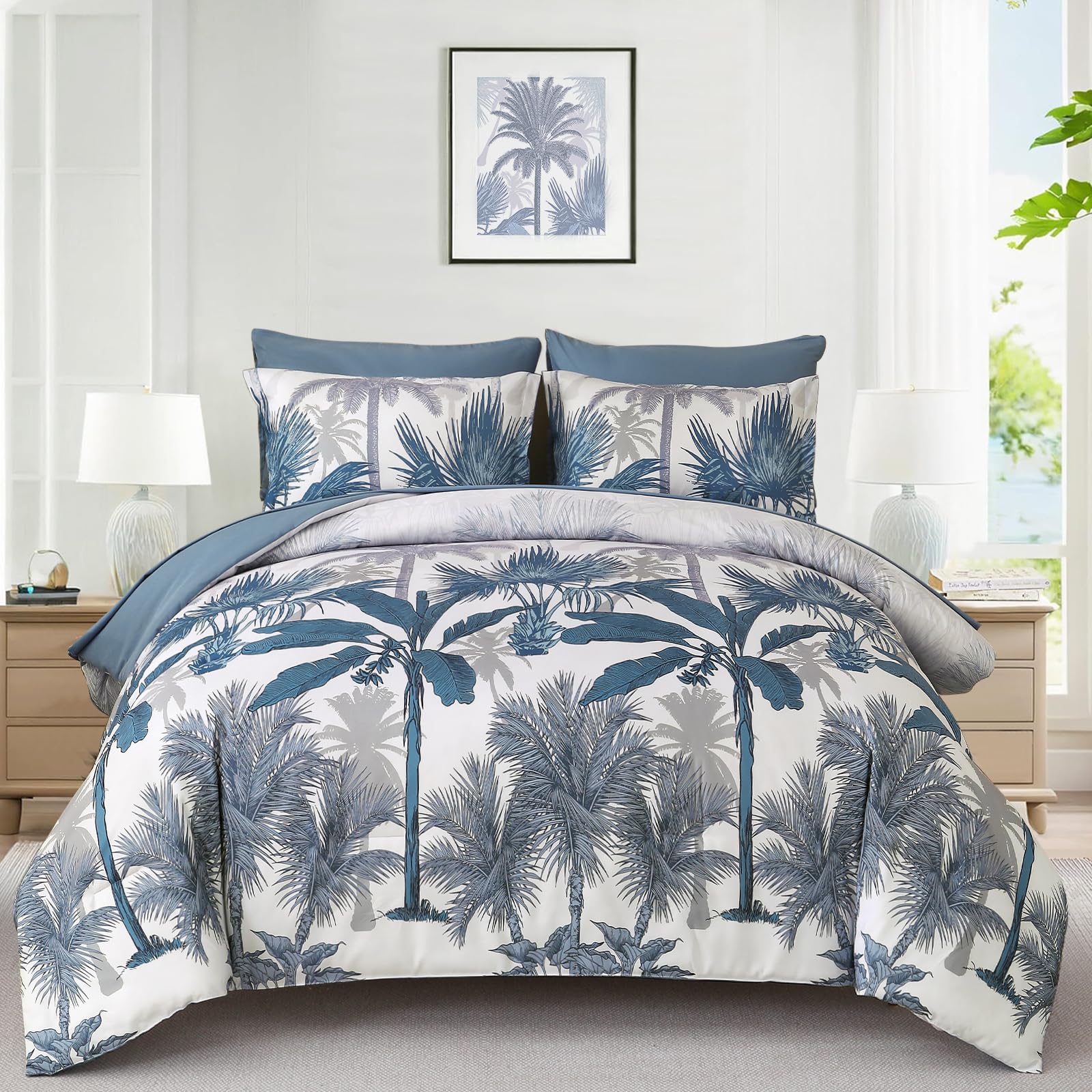Wongs Bedding Comforter Set King Size, 7 Pieces Dark Blue Botanical Bed In A Bag, Soft Microfiber Tropical Palm Tree Bedding Set