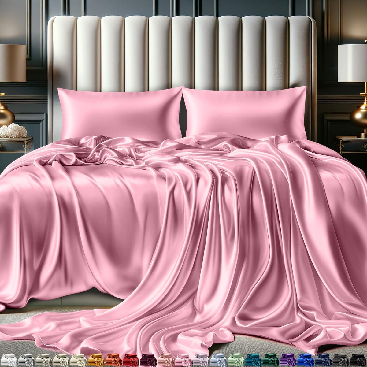 Decolure Satin Sheets King Size Set 4 Pcs - Silky & Luxuriously Soft Satin Bed Sheets W/ 15 Inch Deep Pocket - Double Stitching,