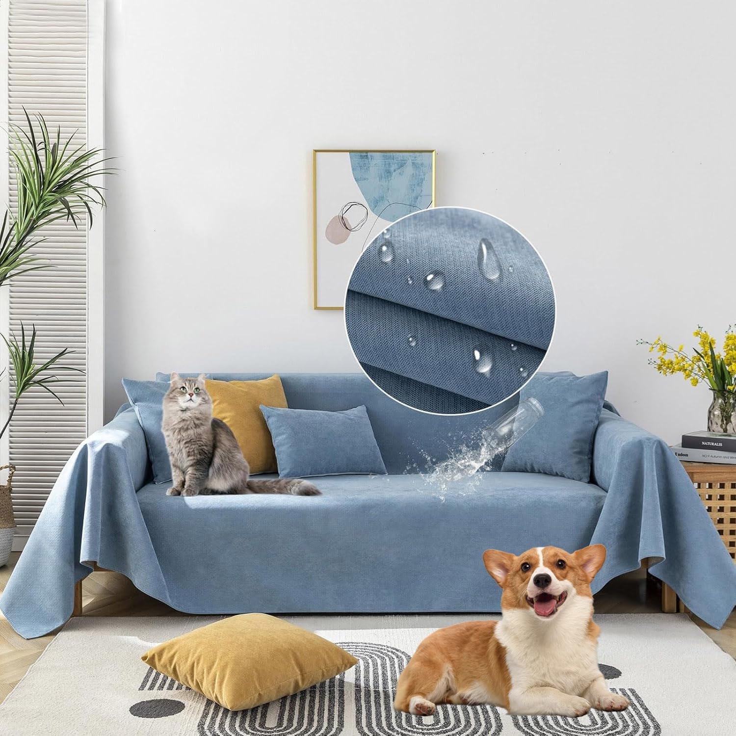 STACYPIK Dual Waterproof Couch Cover Blue Sofa Cover for 3 Cushion Couch Non-Slip Couch Cover for Dogs Kids Water Resistant L Sh