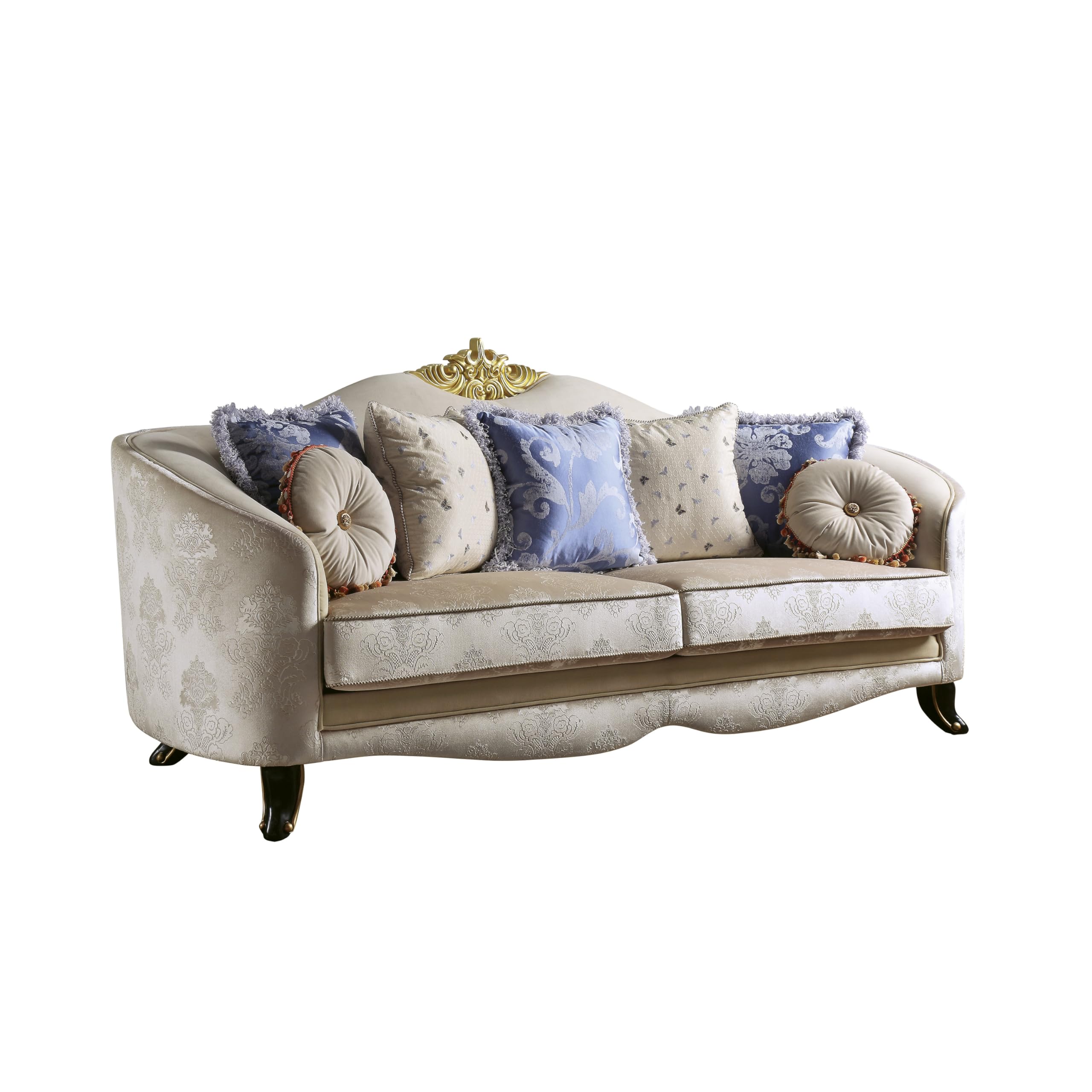 Acme Sheridan Fabric Upholstered Sofa with 7 Pillows in Cream Fabric