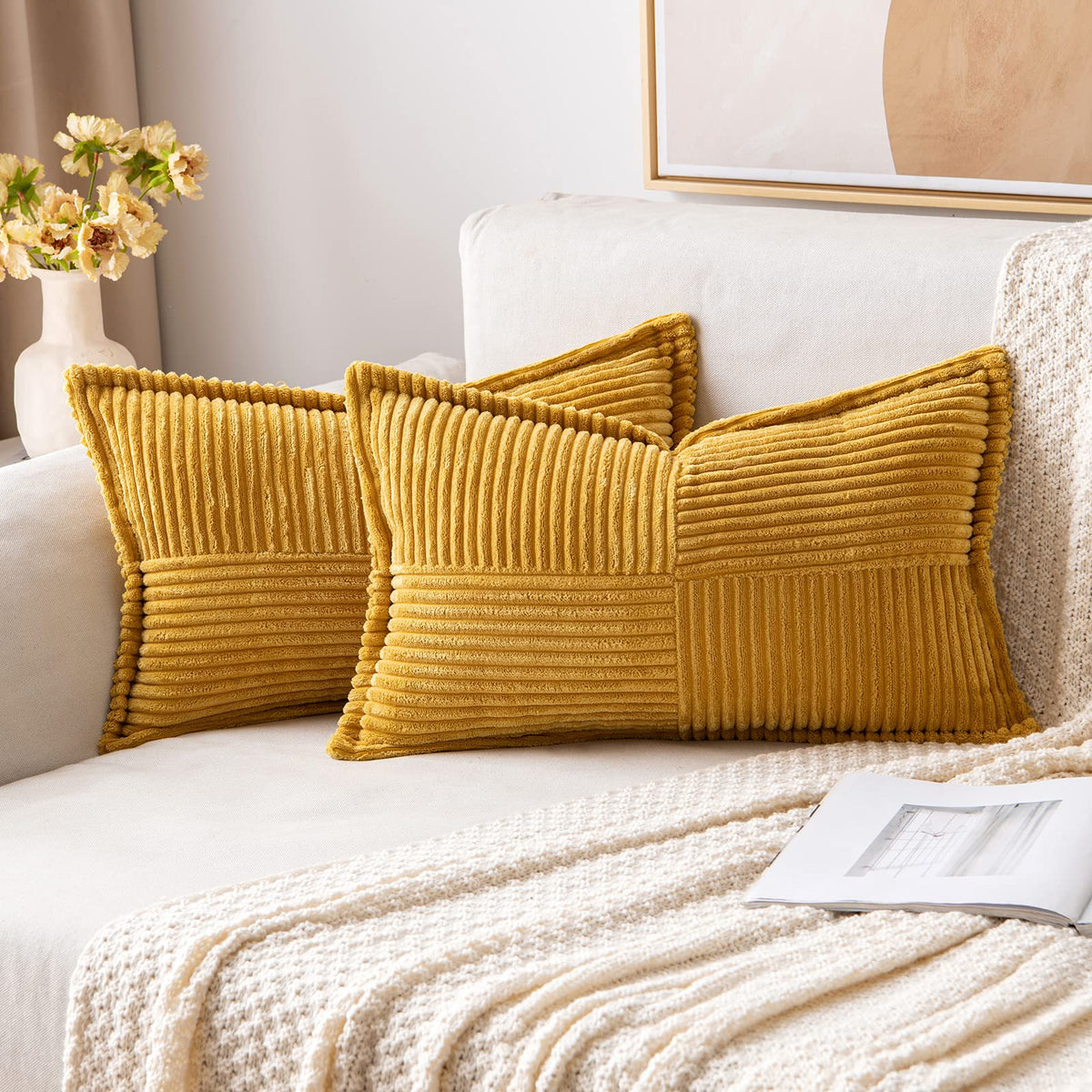 Miulee Mustard Yellow Pillow Covers 12X20 Inch With Splicing Set Of 2 Super Soft Boho Striped Corduroy Pillow Covers Broadside D