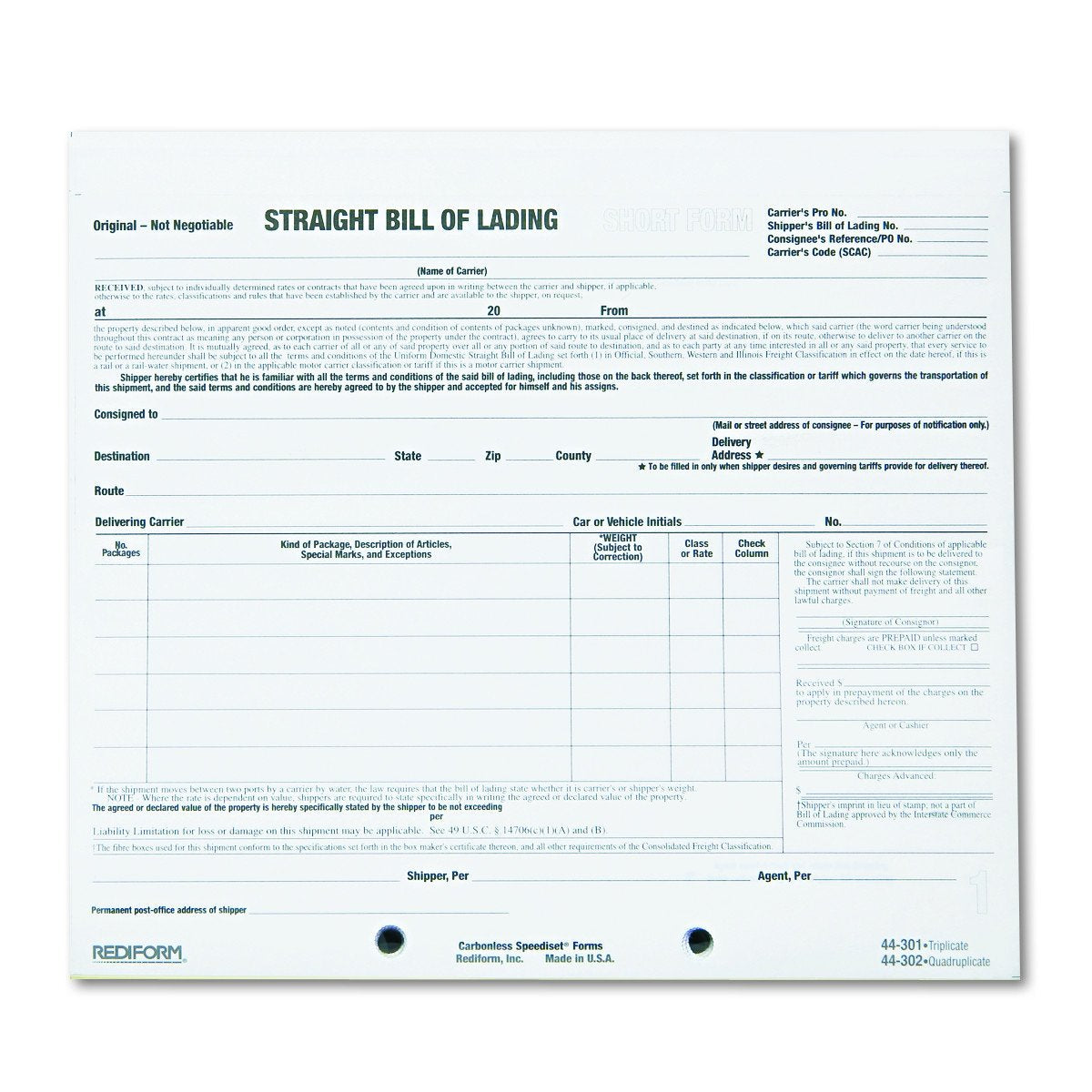 Rediform Snap-A-Way Bill Of Lading, Short Form, Three-Part Carbonless, 7 X 8.5, 250 Forms Total