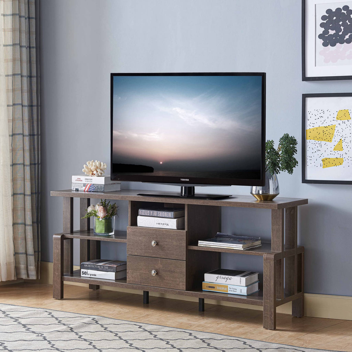 HomeRoots Particle Board/MDF Walnut Oak Rustic Geo TV Stand with Two Center Drawer