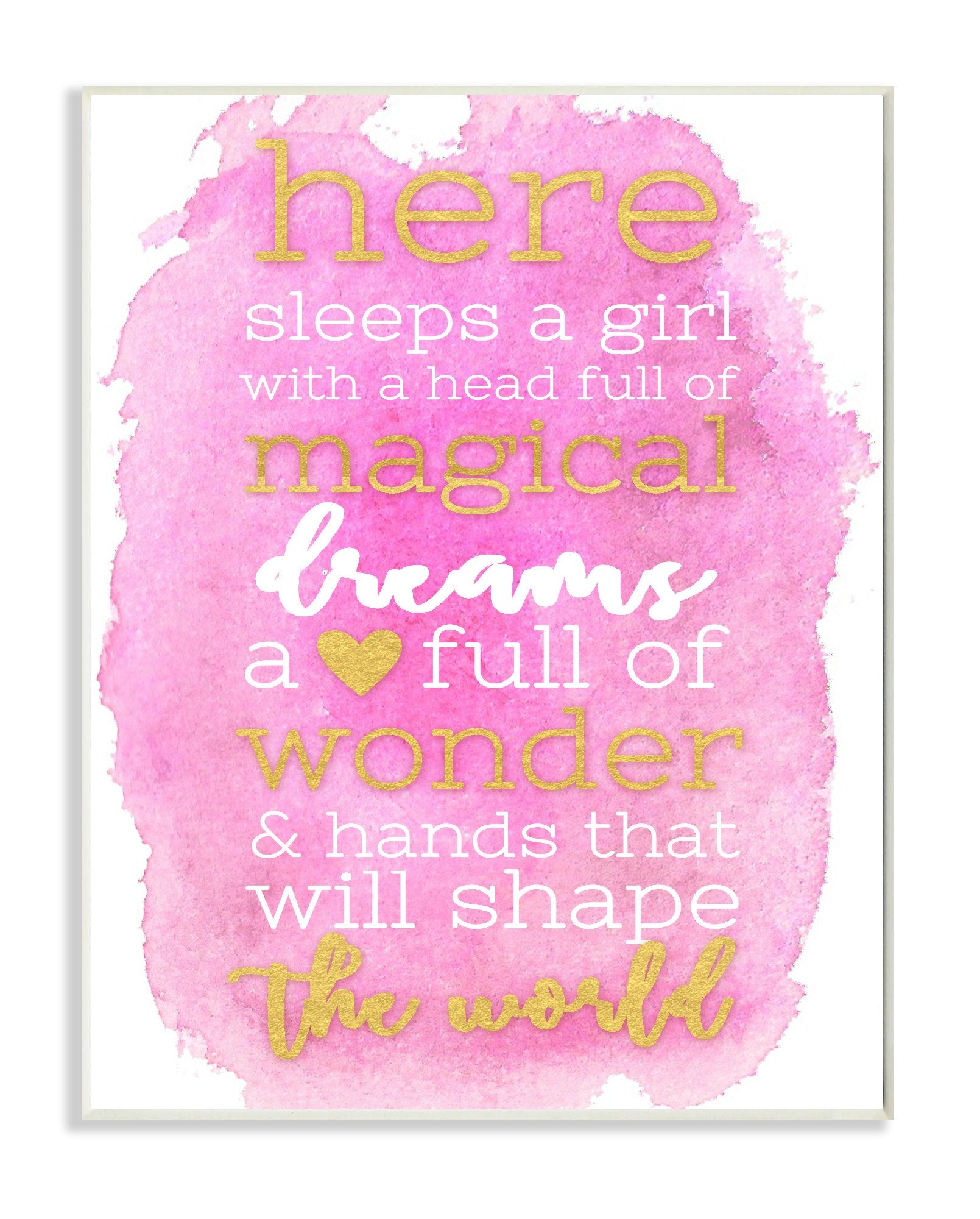 Stupell Home D  cor Here Sleeps a Girl Pink and Gold Typography Wall Plaque Art, 10 x 0.5 x 15, Proudly Made in USA
