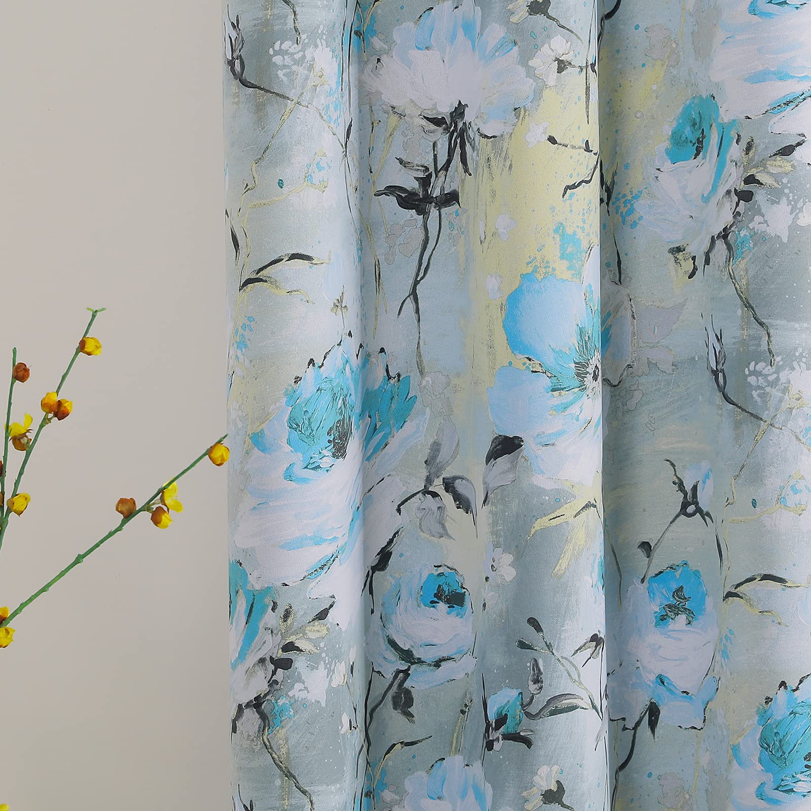 Mysky Home Bule Floral Curtains 63 Inch Length 2 Panels Printed Curtains For Bedroom Living Room Darkening Thermal Insulated Cur