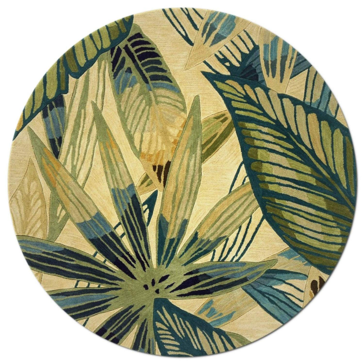 HomeRoots Wool 8' Ivory Teal Hand Tufted Tropical Leaves Round Indoor Area Rug