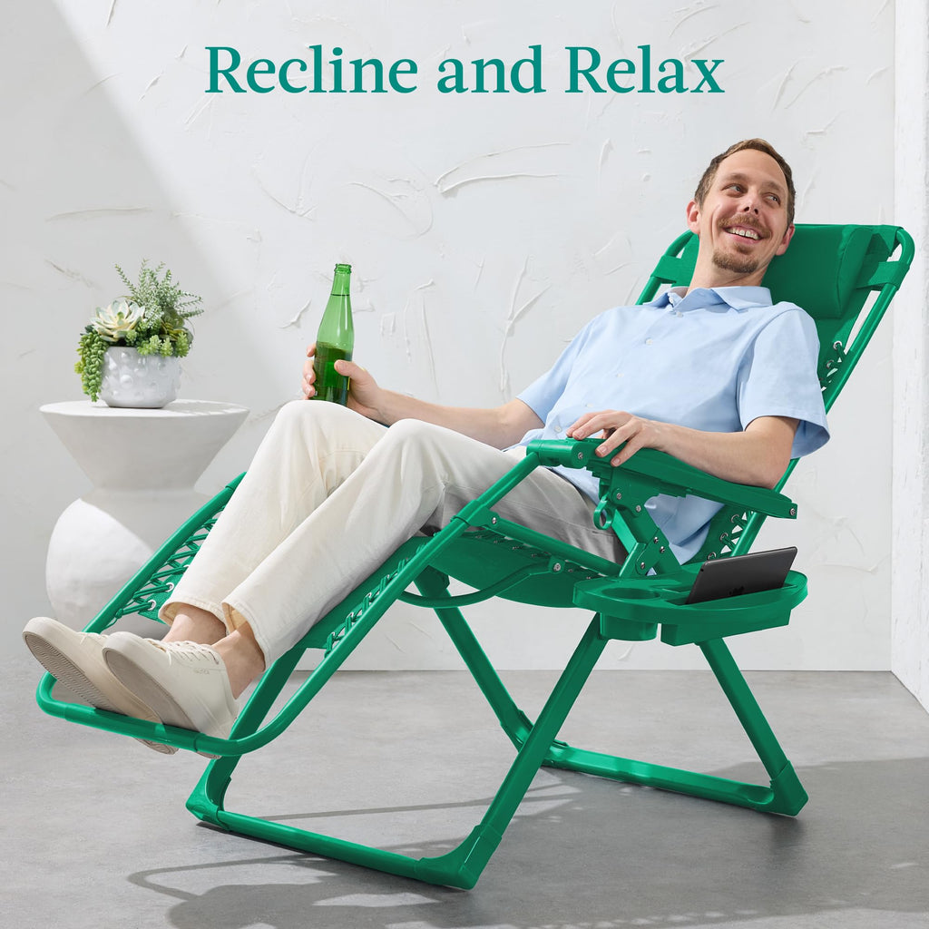 Best Choice Products Adjustable Zero Gravity Chair, Monochromatic Color Folding Patio Recliner W/Side Tray, Headrest - Emerald