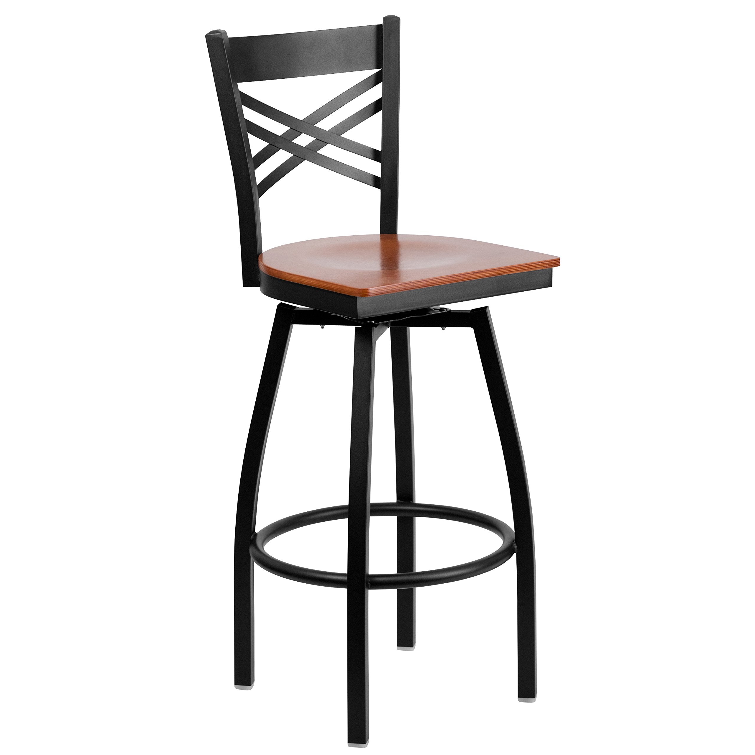 Flash Furniture Hercules Series Black ''X'' Back Swivel Metal Barstool - Cherry Wood Seat