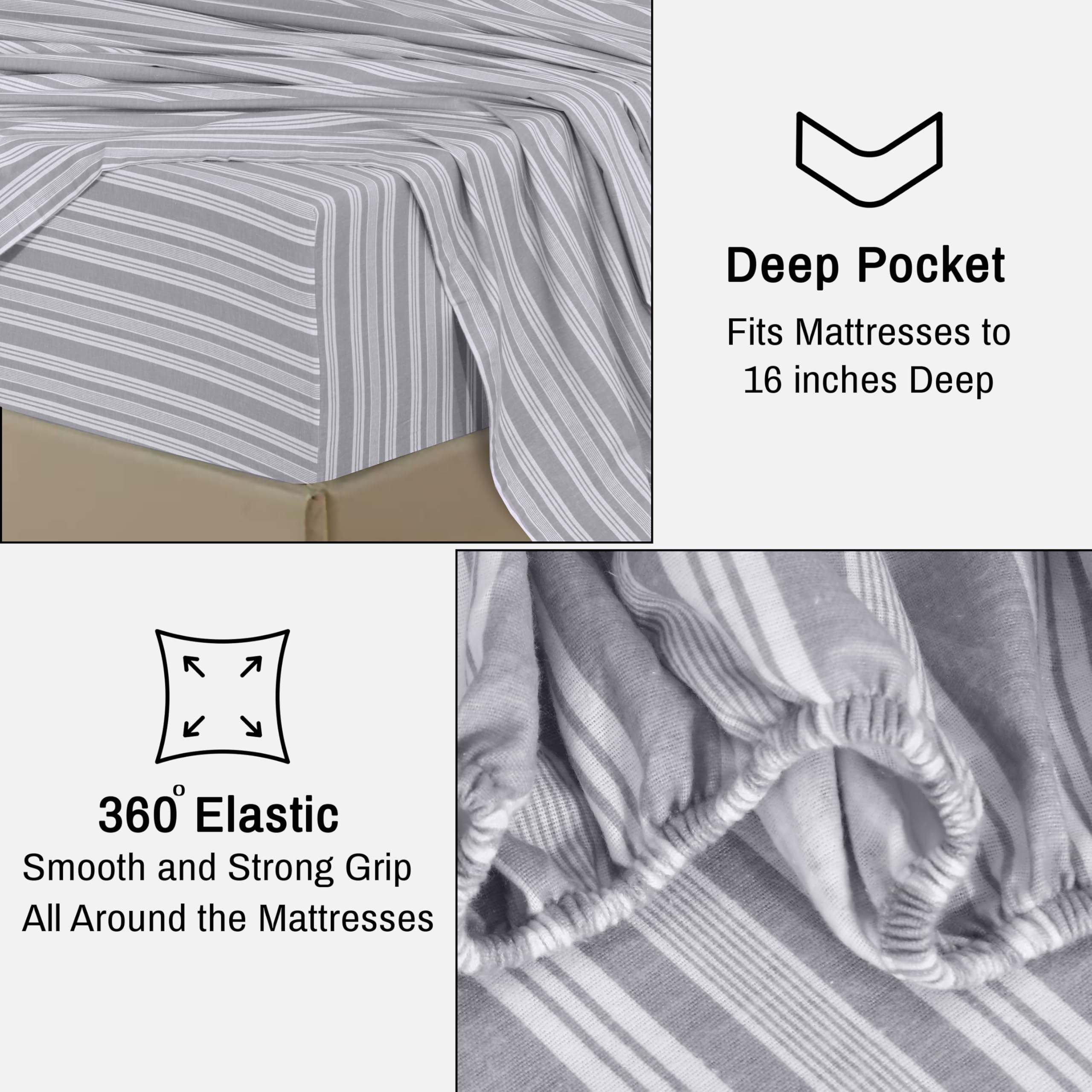 Ruvanti Flannel Sheets Full Size - 100% Cotton Double Brushed Bed Sheets Set, Deep Pockets 16 Inches, All Seasons Breathable & Extra Soft Full Sheets, Warm & Cozy, 4 Piece, Grey Lining