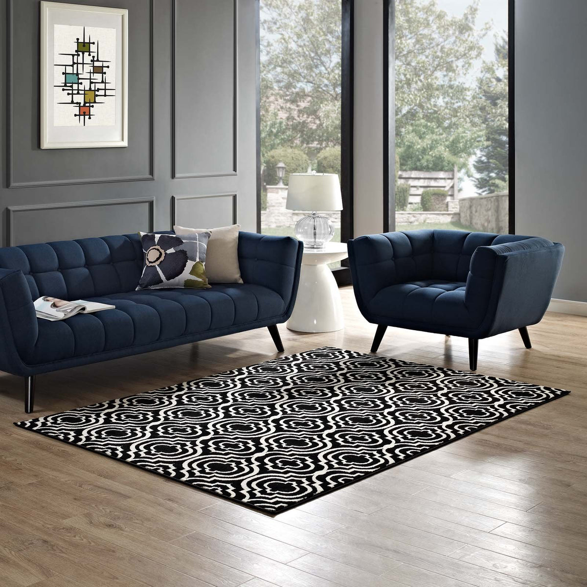 Modway Frame Transitional Moroccan Trellis 5X8 Area Rug In Black And White