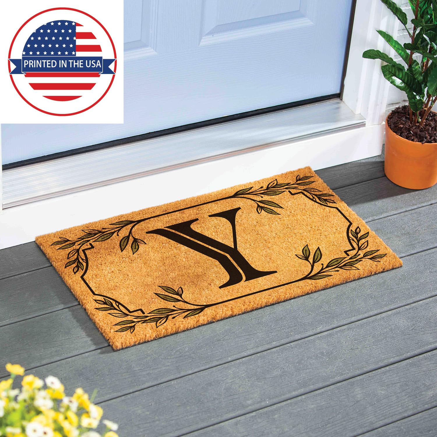 Evergreen Monogram Coir Doormat | Letter Y | Front Door Mat For Outdoor Indoor Entrance | 28X16 Inches | Non-Slip Backing Doorwa