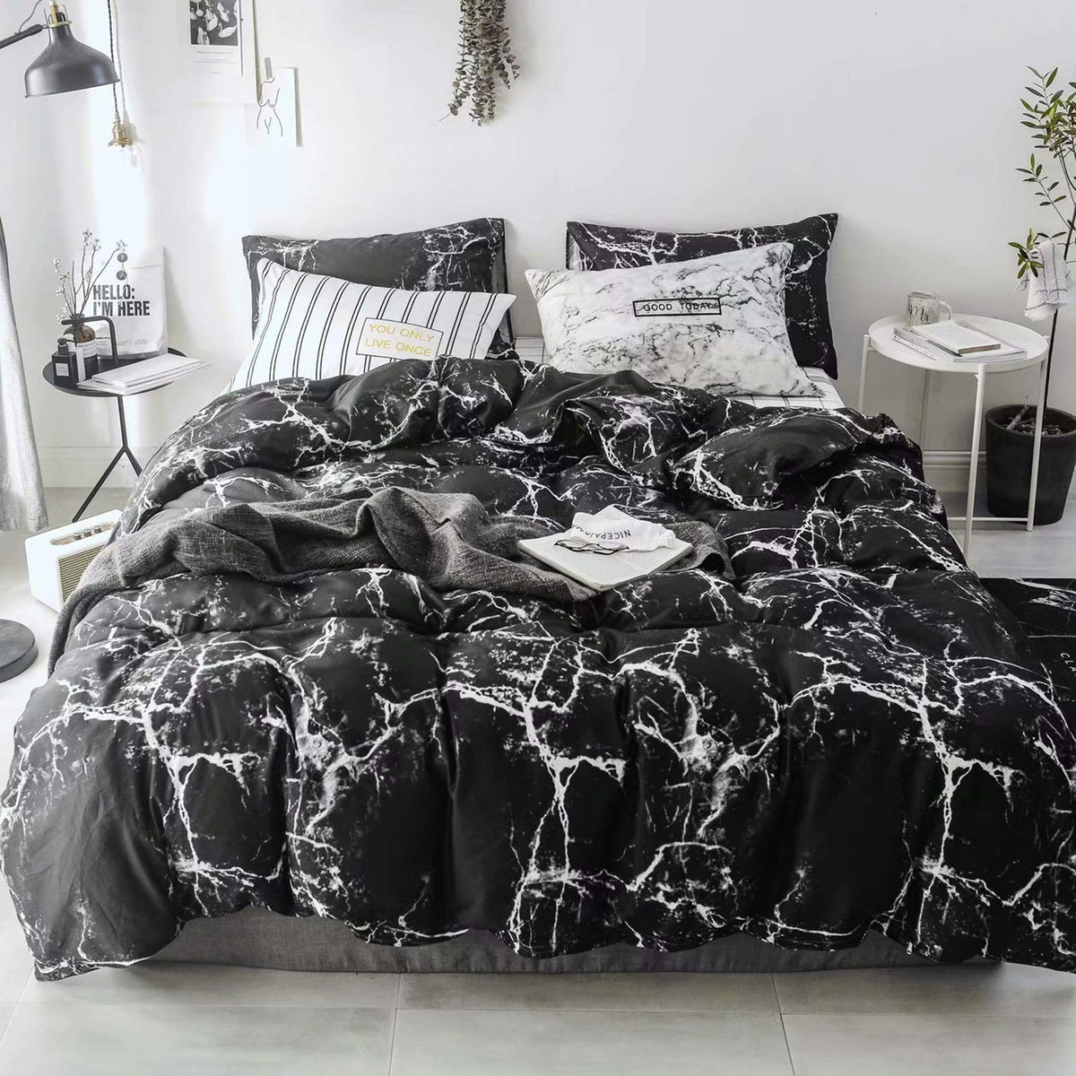 Luxlovery Black Marble Comforter Set Queen Black Marble Bed Set Full Cotton Comforter Cozy Beathable Soft Black And White Marble