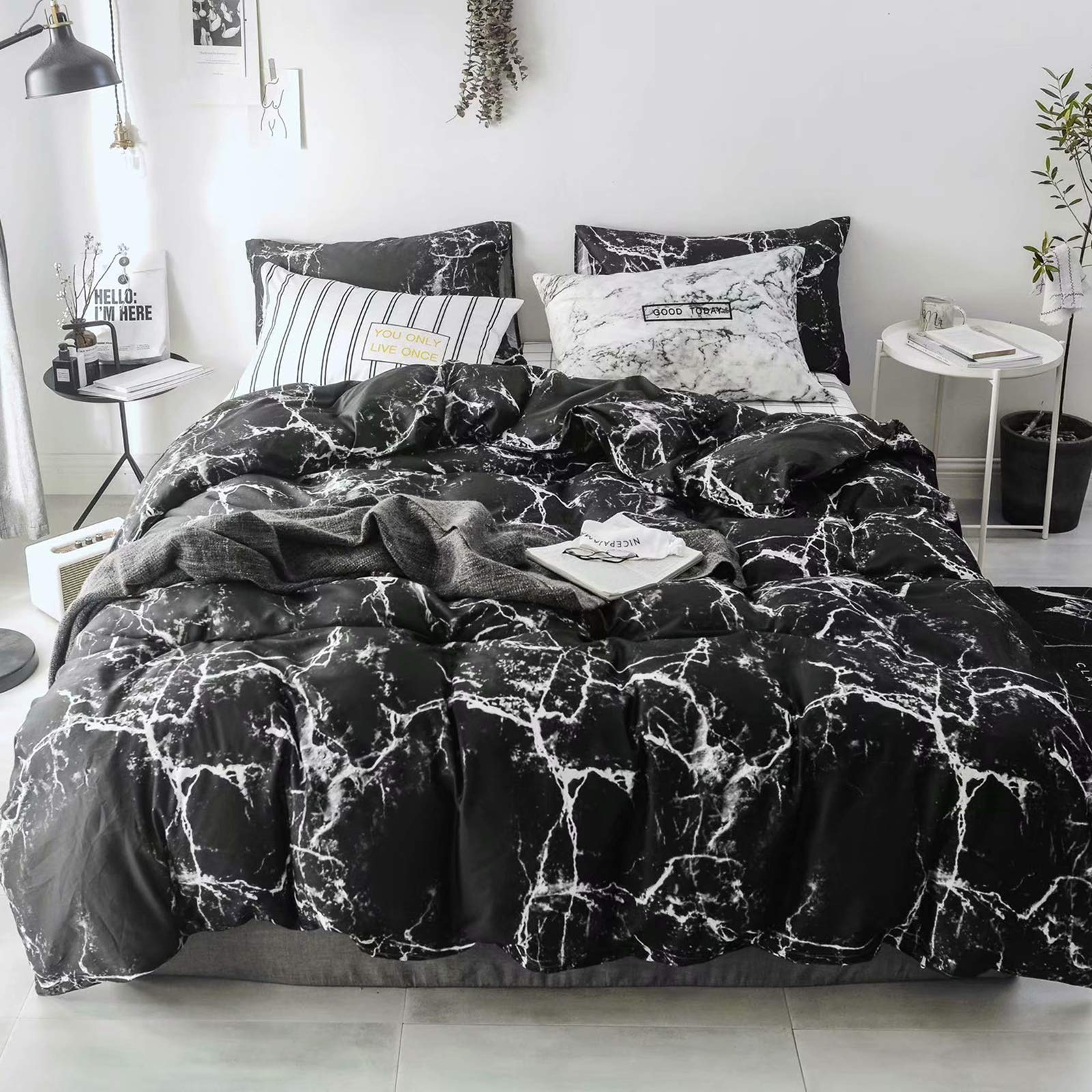Luxlovery Black Marble Comforter Set Queen Black Marble Bed Set Full Cotton Comforter Cozy Beathable Soft Black And White Marble