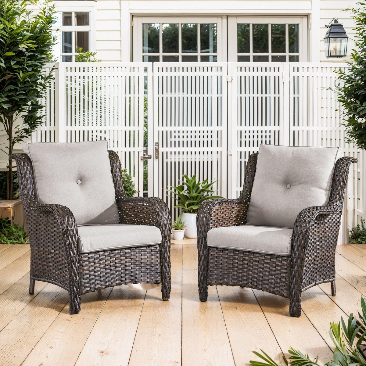 Belord High Back Patio Chairs Set Of 2 - Brown Wicker Chairs Outdoor Seating, 4' Wide Armrests Rattan Outdoor Club Chairs With