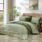 Casaagusto Full Size Comforter Set, 7 Pieces Sage Green Seersucker Bed In A Bag Full Size Soft All Seasons, Bedding Sets Full Wi