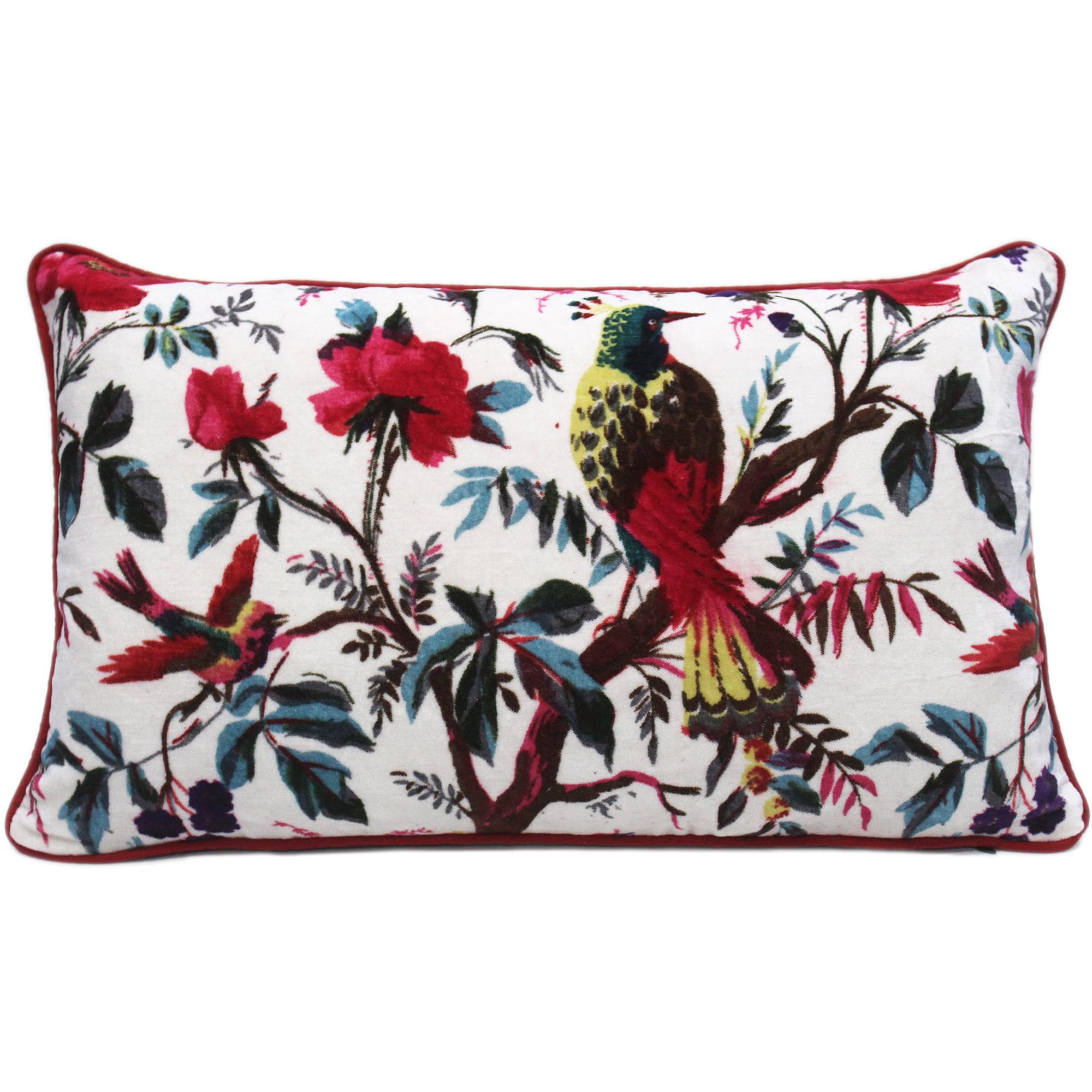 Eyes Of India Velvet Floral Flower Bird Throw Pillow Sofa Cushion Cover Case Couch Colorful Boho Chic Bohemian Accent Indian Han