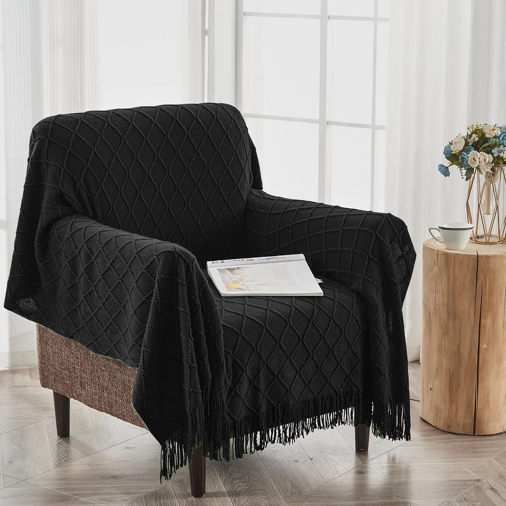Inhand Knitted Throw Blankets For Couch And Bed, Soft Cozy Knit Blanket With Tassel, Black Lightweight Decorative Blankets And T