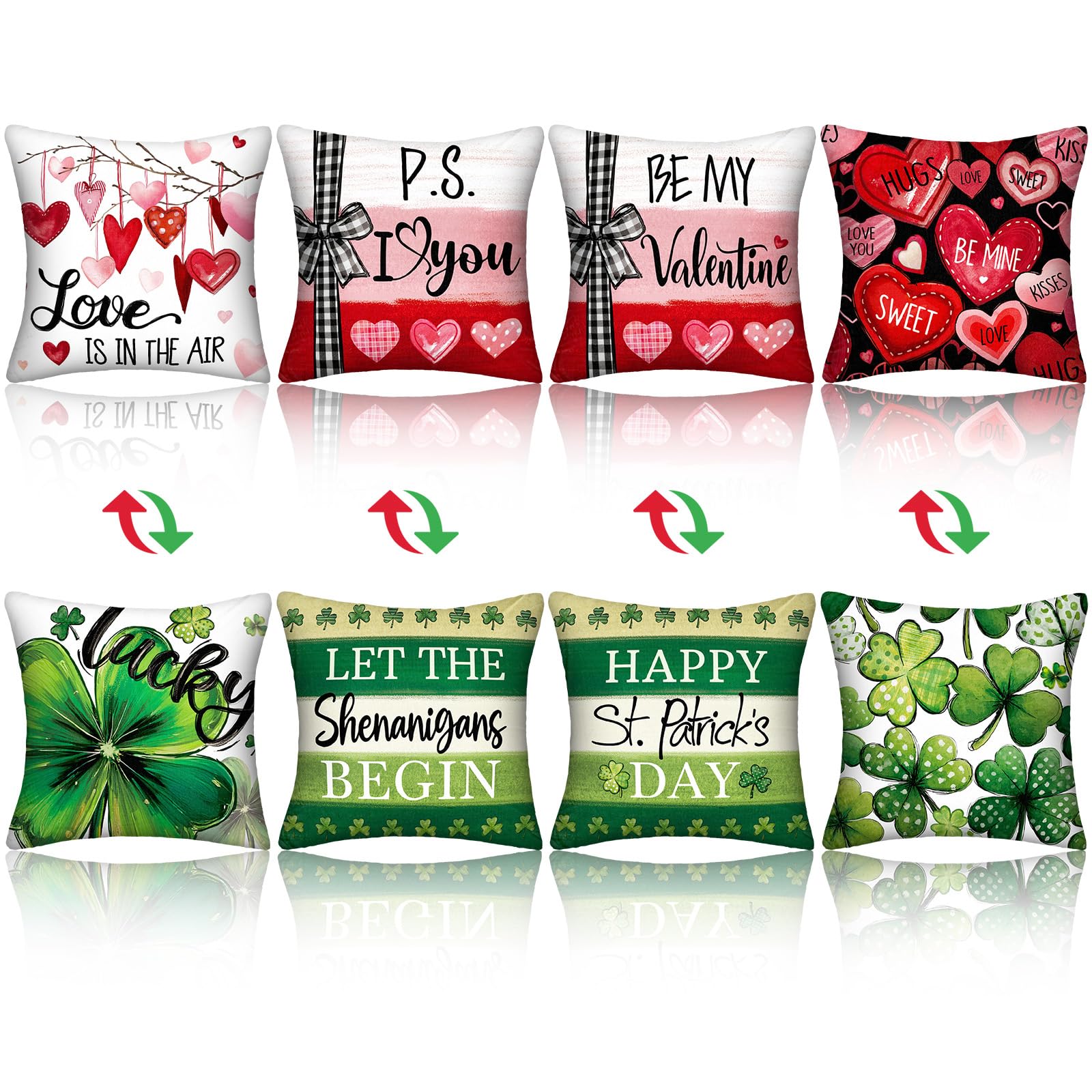 FuWeave 4 Pcs Double Sided Valentines Day St Patricks Pillow Covers 18 x 18 Inch Heart Irish Lucky Shamrock Clovers Pillow Cover