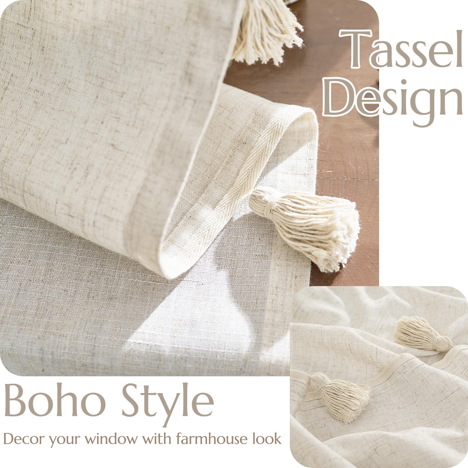 Jinchan Linen Curtains With Tassels Curtains For Living Room 84 Inch Length Boho Curtains Rod Pocket Back Tab Pom Poms Linen Far