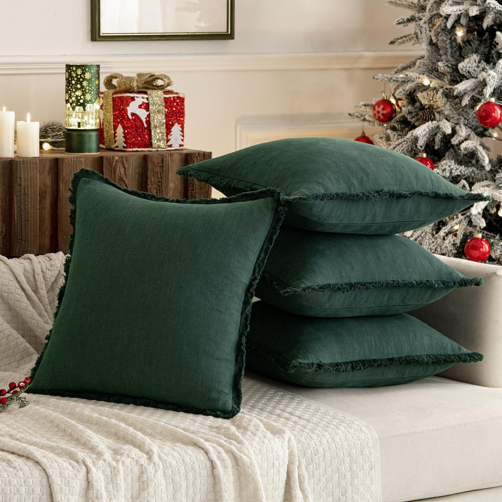 Miulee Decorative Throw Pillow Covers Neutral Linen Fringe Throw Pillows Set Of 2 Army Green Boho Farmhouse Cushion Covers With Tassels For Couch Sofa Bed Living Room Spring Home Decor 18X18 Inch