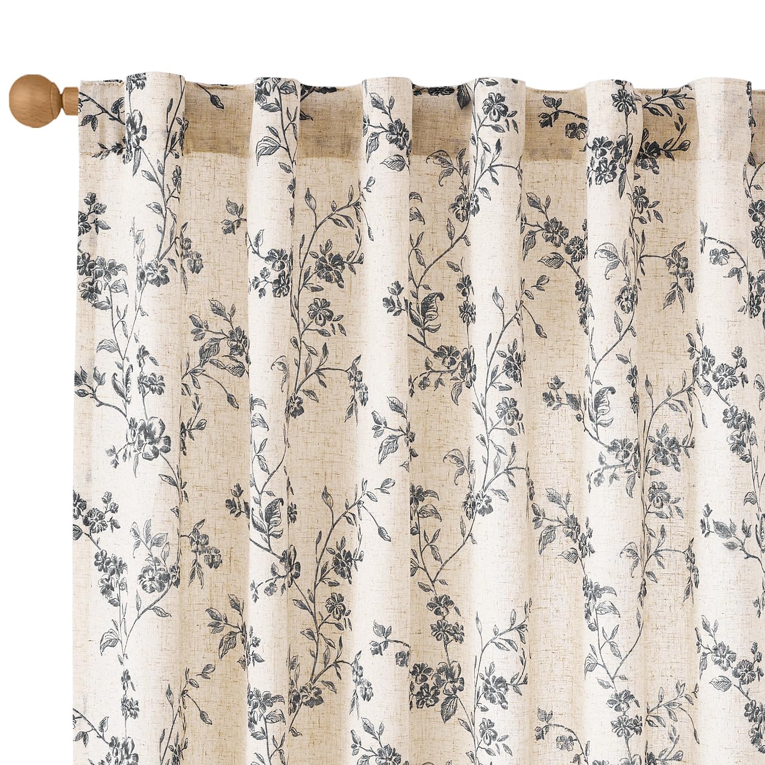 Lazzzy Farmhouse Linen Curtains Black Floral Curtains 90 Inch Length Back Tab Drapes for Living Room Bedroom Light Filtering Cou