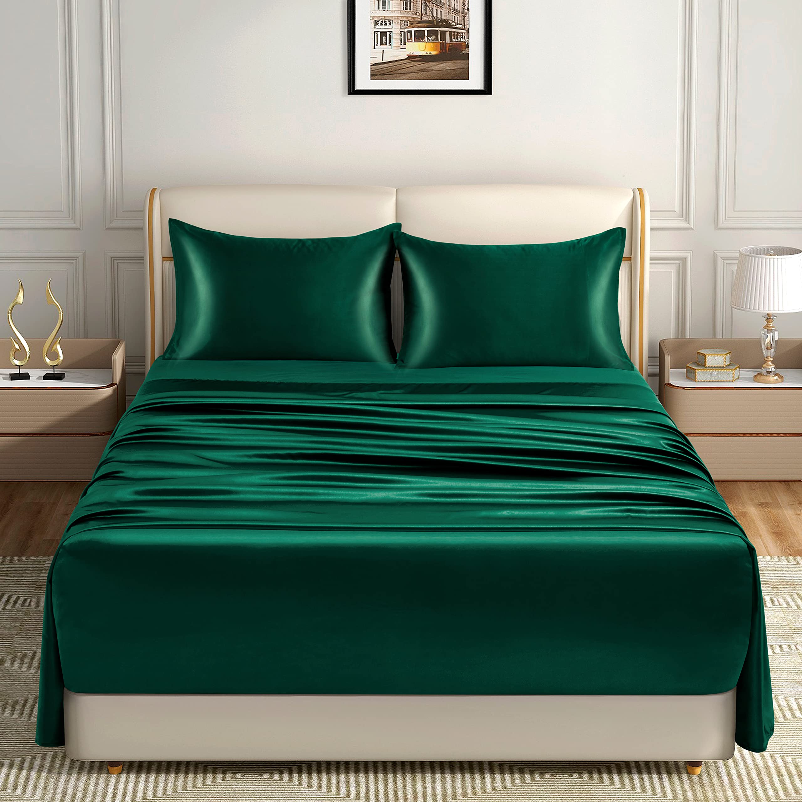 Homiest 4Pcs Extra Deep Pocket Satin Sheets Queen Size Bed Set, 18-24 Inch Deep Pocket Bed Sheets Blackish Green Satin Sheet Set, Silky Satin Bedding Set Soft Fitted Sheet Set Fits Ultra Deep Mattress