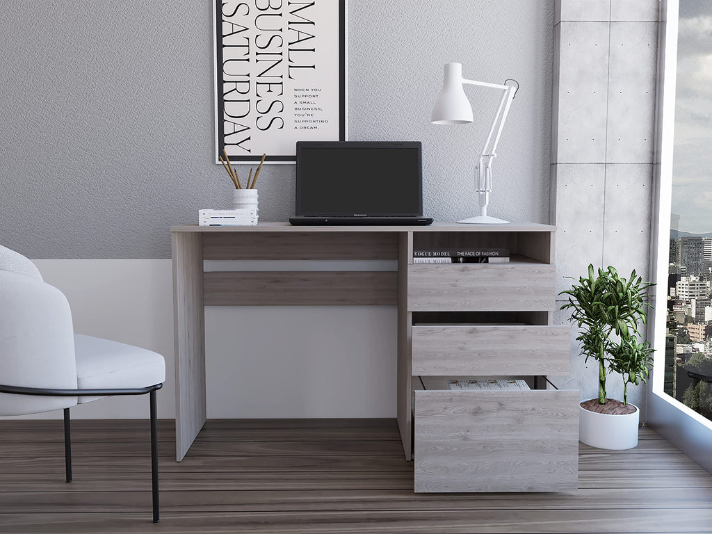 Kenai Computer Desk with 3 Drawers and Open Shelf, Light Gray