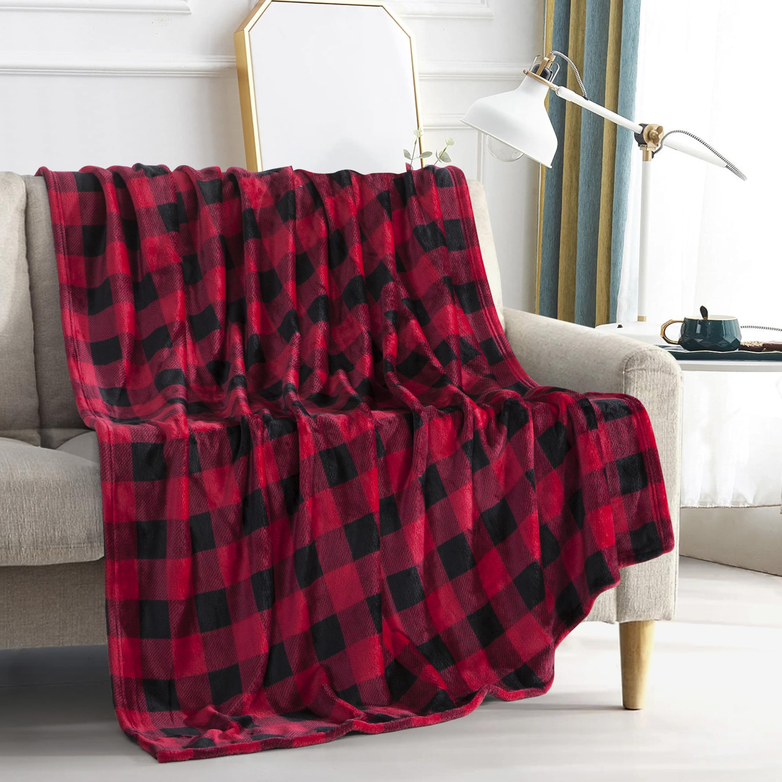 Elegant Comfort Velvet Touch Ultra Plush Christmas Holiday Buffalo Plaid Fleece Throw/Blanket-50 X 60Inch, Buffalo Burgundy