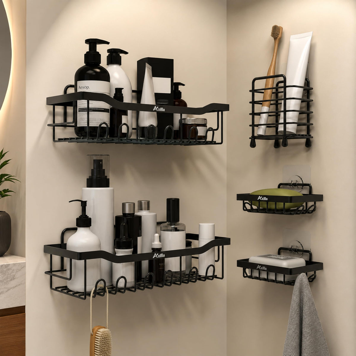 Axilla 5 in 1 Self Adhesive Bathroom Shelf Combo | Bathroom Organiser Without Drill | Rust Proof Metal Wall Shelves with Soap Ho
